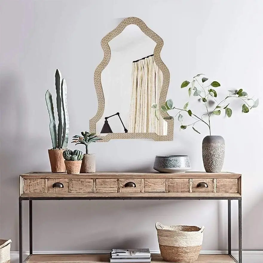 Scalloped Top Wooden Framed Wall Mirror with Geometric Texture