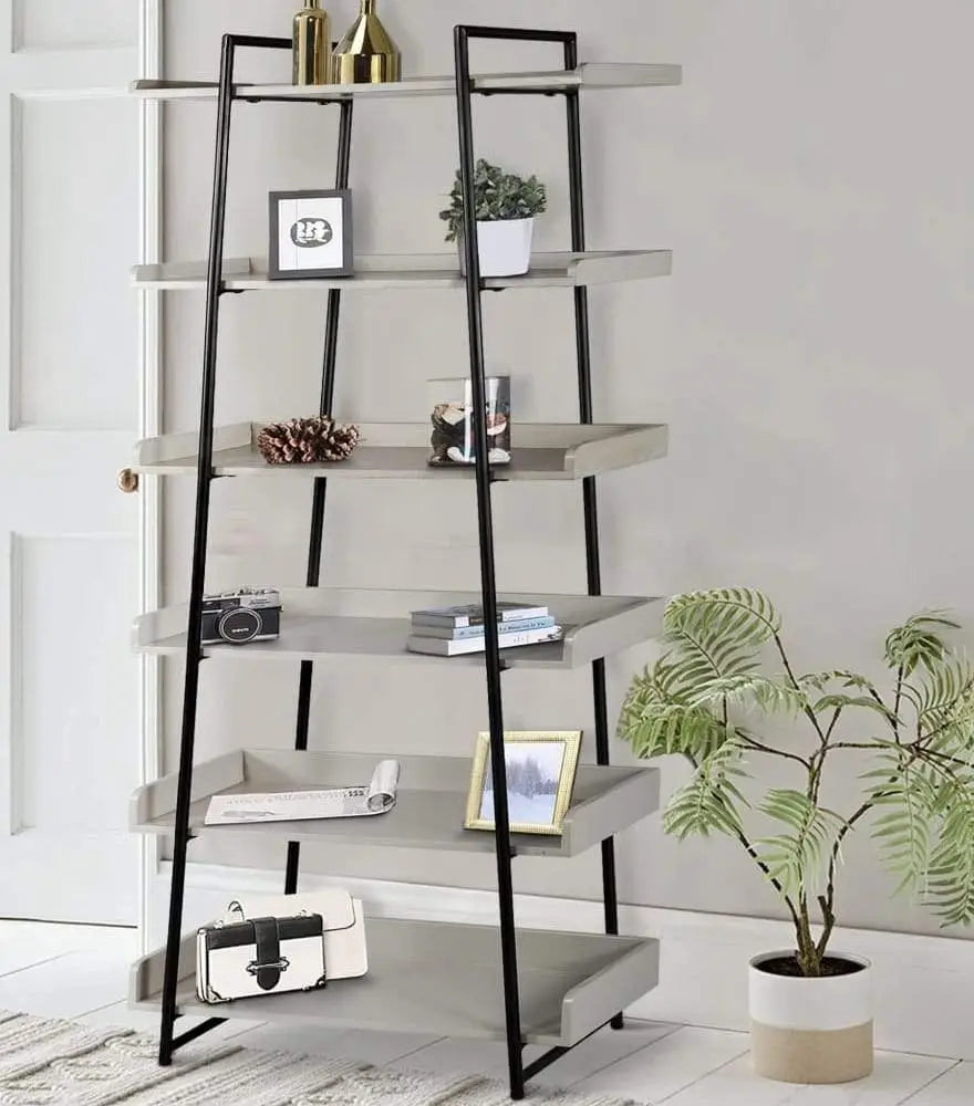 6-Tier Wooden Ladder Storage Bookshelf with Metal Frame