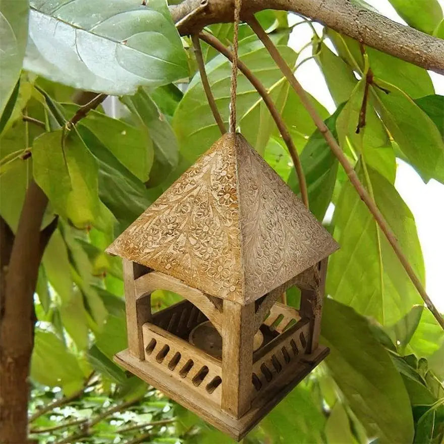 Floral Engraved Temple Top Mango Wood Bird House