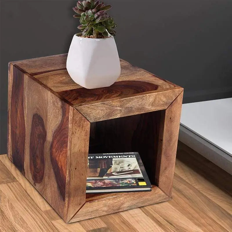 Cube Shape Rosewood Side Table With Cutout Bottom