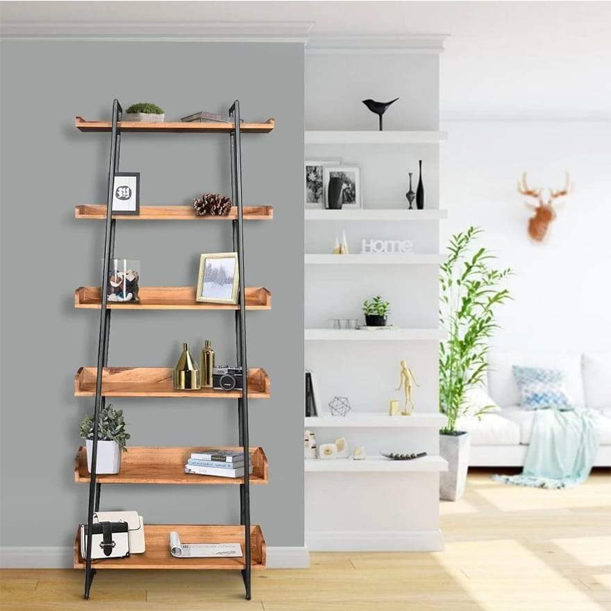 6-Tier Wooden Ladder Storage Bookshelf with Metal Frame