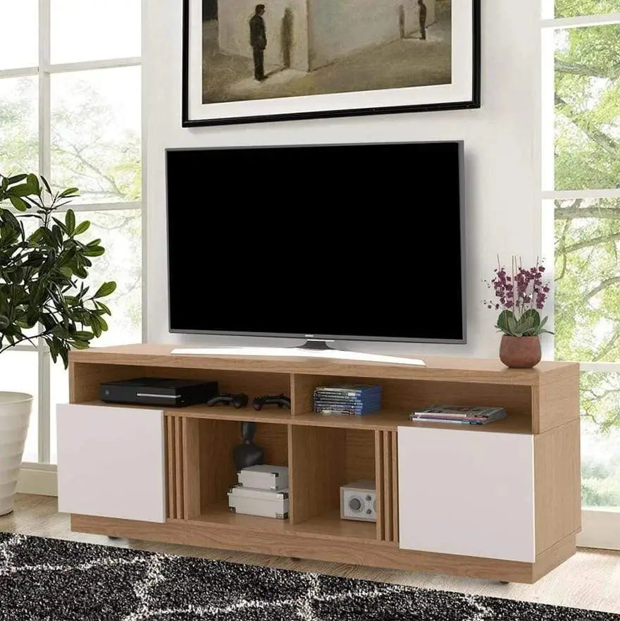 Wooden TV Stand with 4 Open Shelves, White and Brown