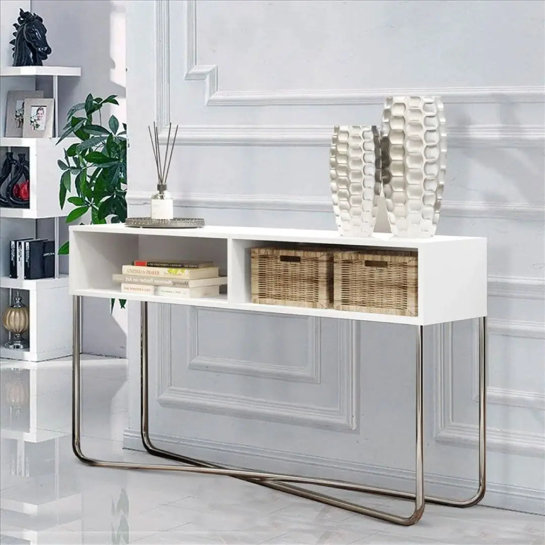 Wooden Console Table with 2 Open Compartments and Metal Frame