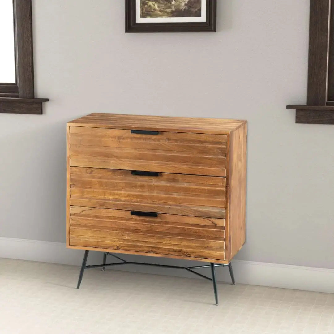 3 Drawer Wooden Chest with Slanted Metal Base