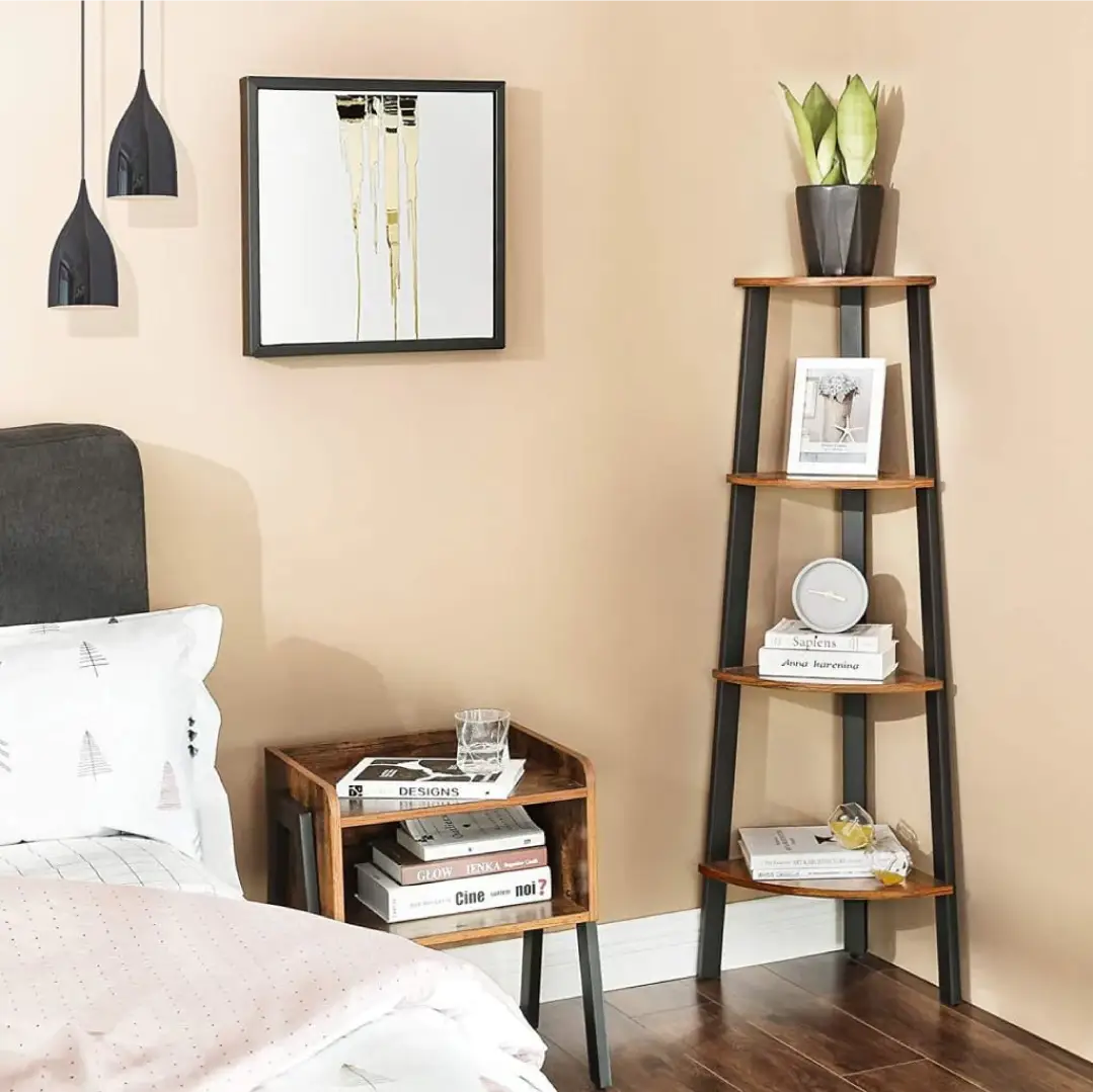 Four Tier Ladder Style Wooden Corner Shelf with Iron Framework