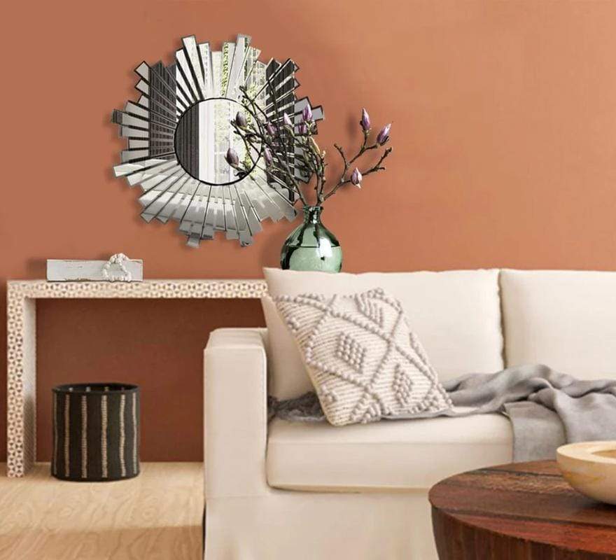 Round Floating Wall Mirror with Sunburst Design Frame