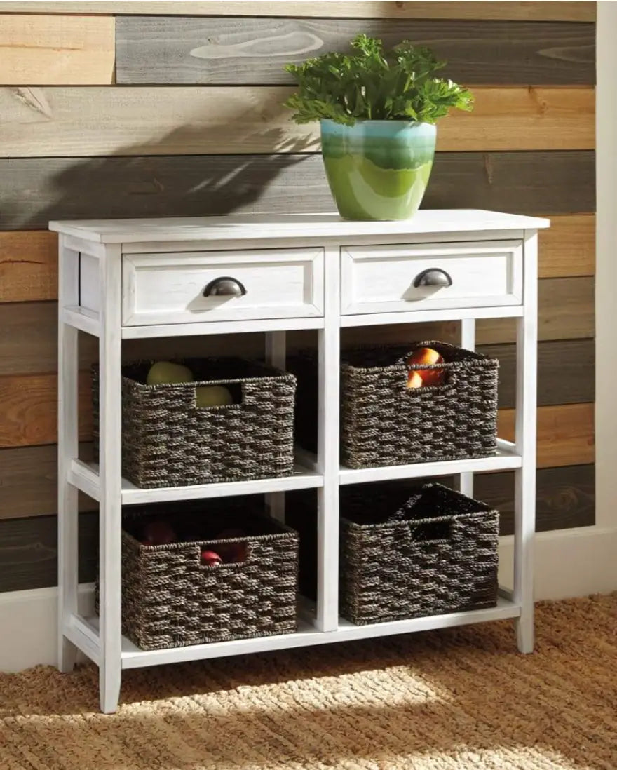 Wooden Console Sofa Table with Four Woven Storage Baskets