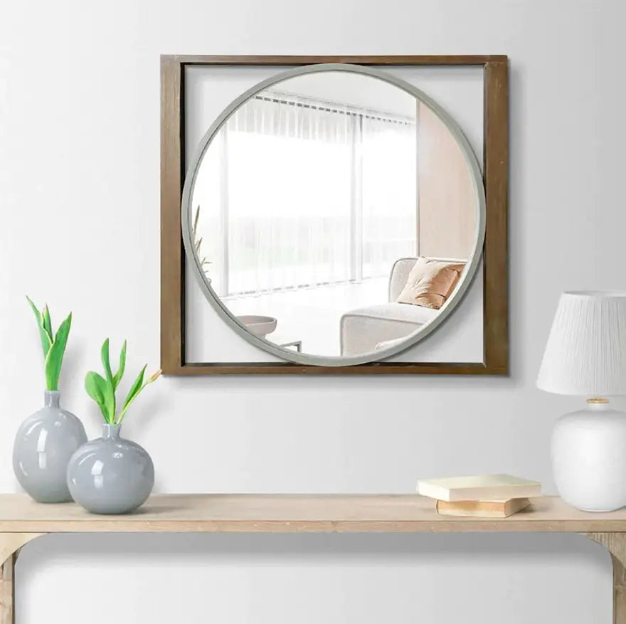 Round Wall Mirror with Rectangular Wooden Frame