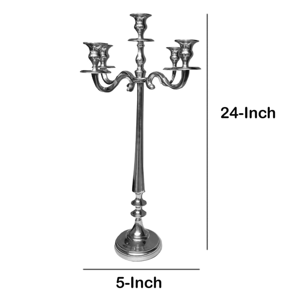 24 Inches Handcrafted 5 Arms Aluminum Candelabra in Traditional Style, Polished Silver Decorative Accessories Casagear Home 