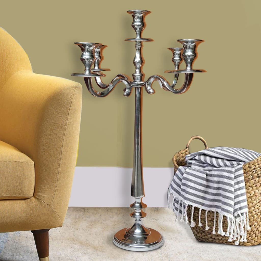 24 Inches Handcrafted 5 Arms Aluminum Candelabra in Traditional Style, Polished Silver