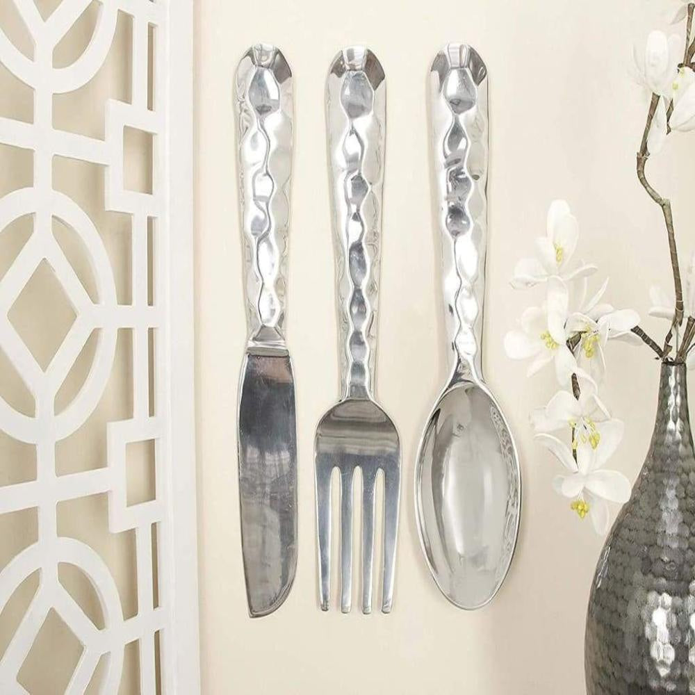 26169 Artistic Cutlery Wall Decor In Metal, Set of Three, Silver-Benzara