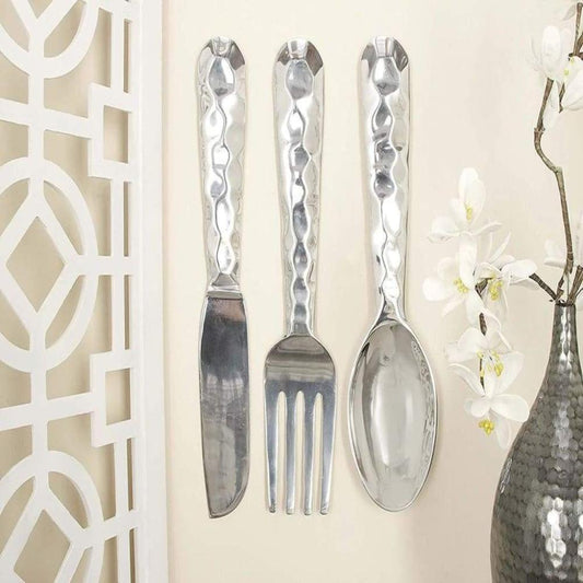 26169 Artistic Cutlery Wall Decor In Metal, Set of Three, Silver-Benzara