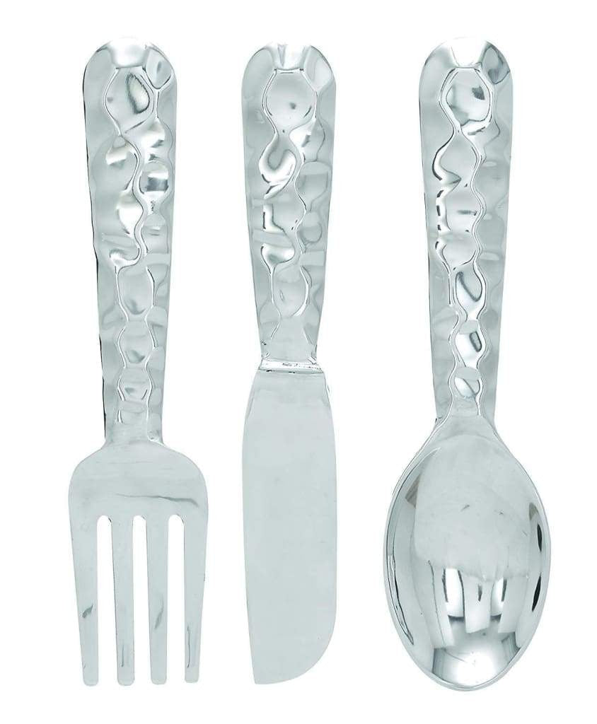 26169 Artistic Cutlery Wall Decor In Metal, Set of Three, Silver-Benzara Wall Decor The Urban Port 