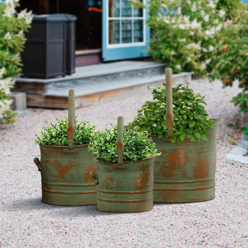 Tinged Metal Bucket Planter With Handles, Patina Rust Finish, Green, Set of 3 - BM01164