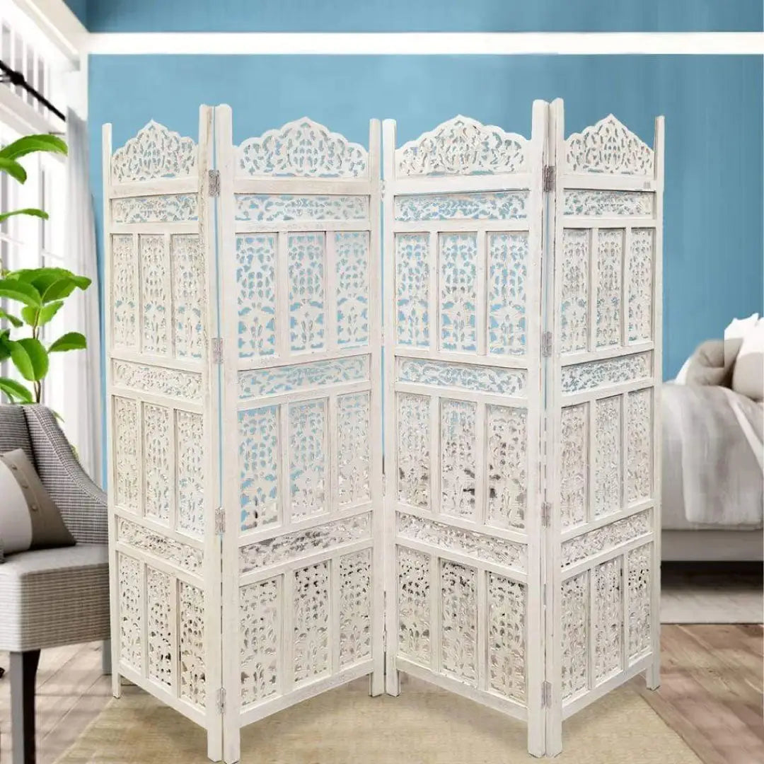 4-Panel Carved Wood Room Divider Screen