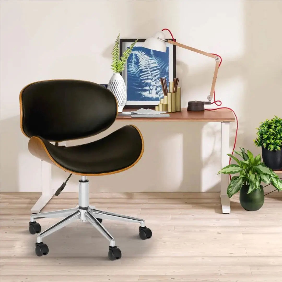 Curved Leatherette Wooden Swivel Office Chair