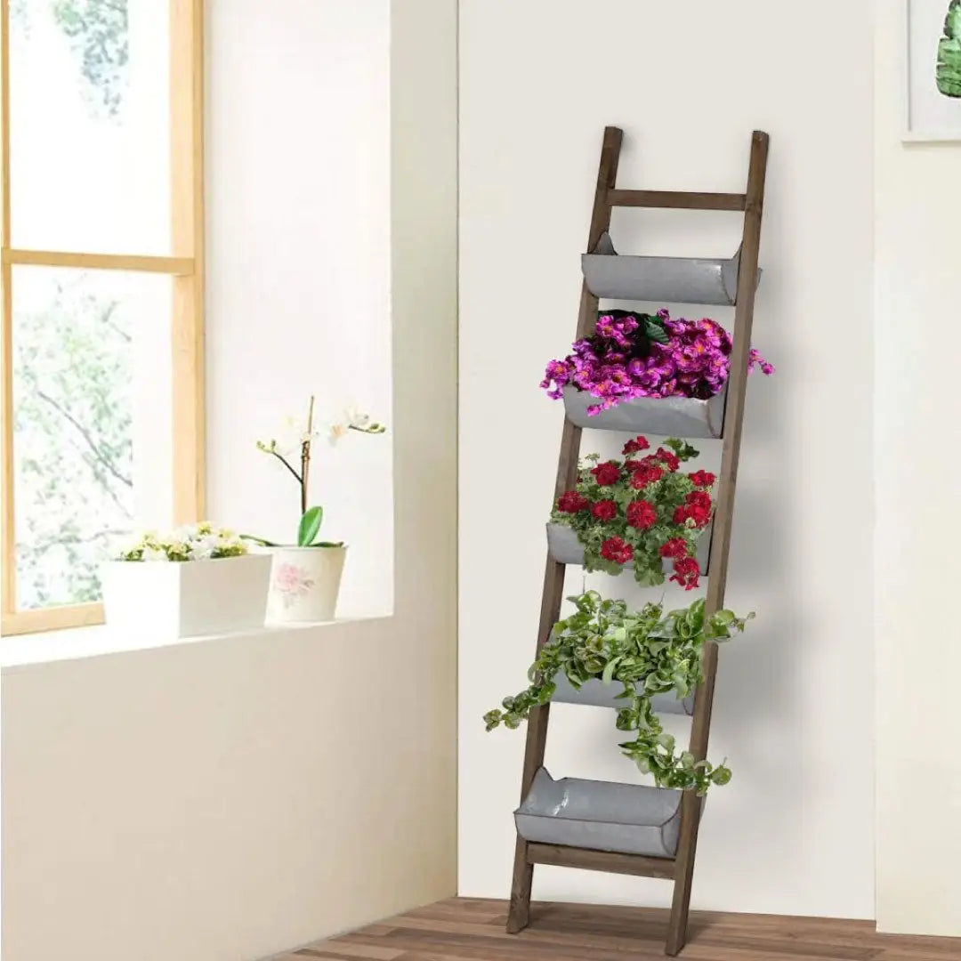 5 Tier Wood and Metal Ladder Planter