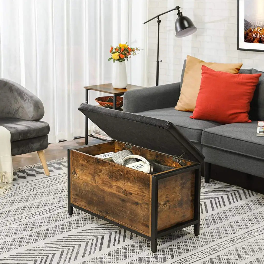 32 Inch Industrial Button Tufted Flip Top Storage Bench