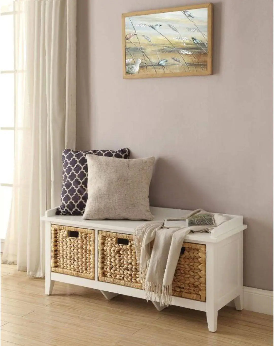 Rectangular Wooden Bench with Three Storage Baskets