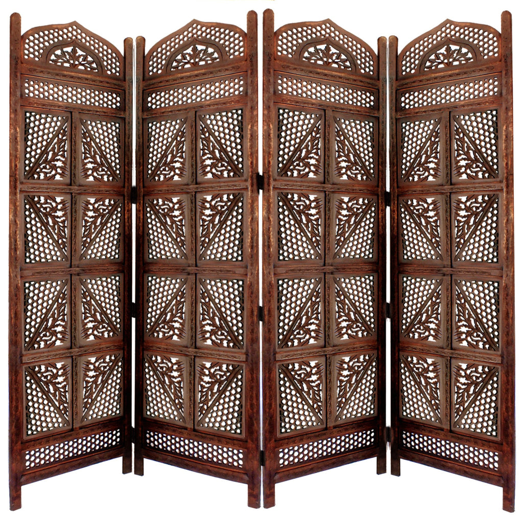 Traditional Four Panel Wooden Room Divider with Hand Carved Details Antique Brown The Urban Port 32620