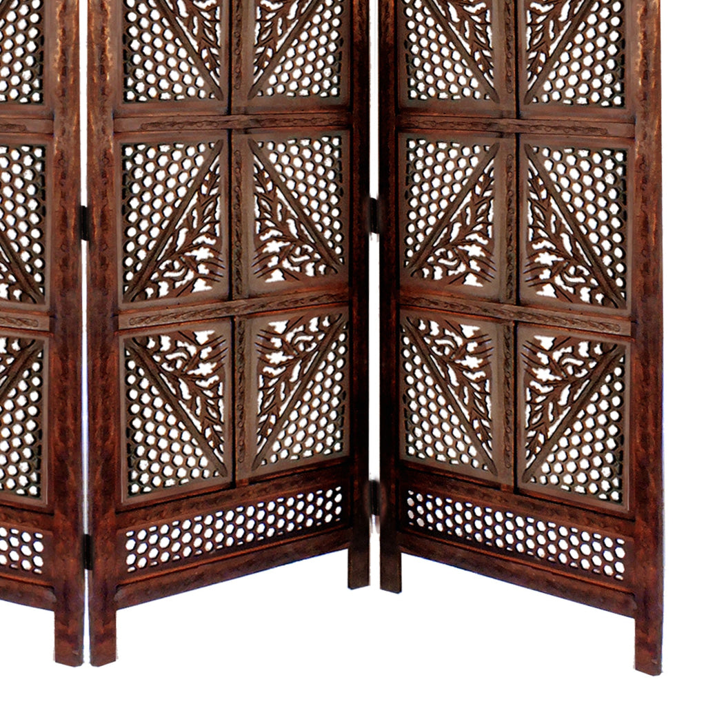 Traditional Four Panel Wooden Room Divider with Hand Carved Details Antique Brown The Urban Port 32620