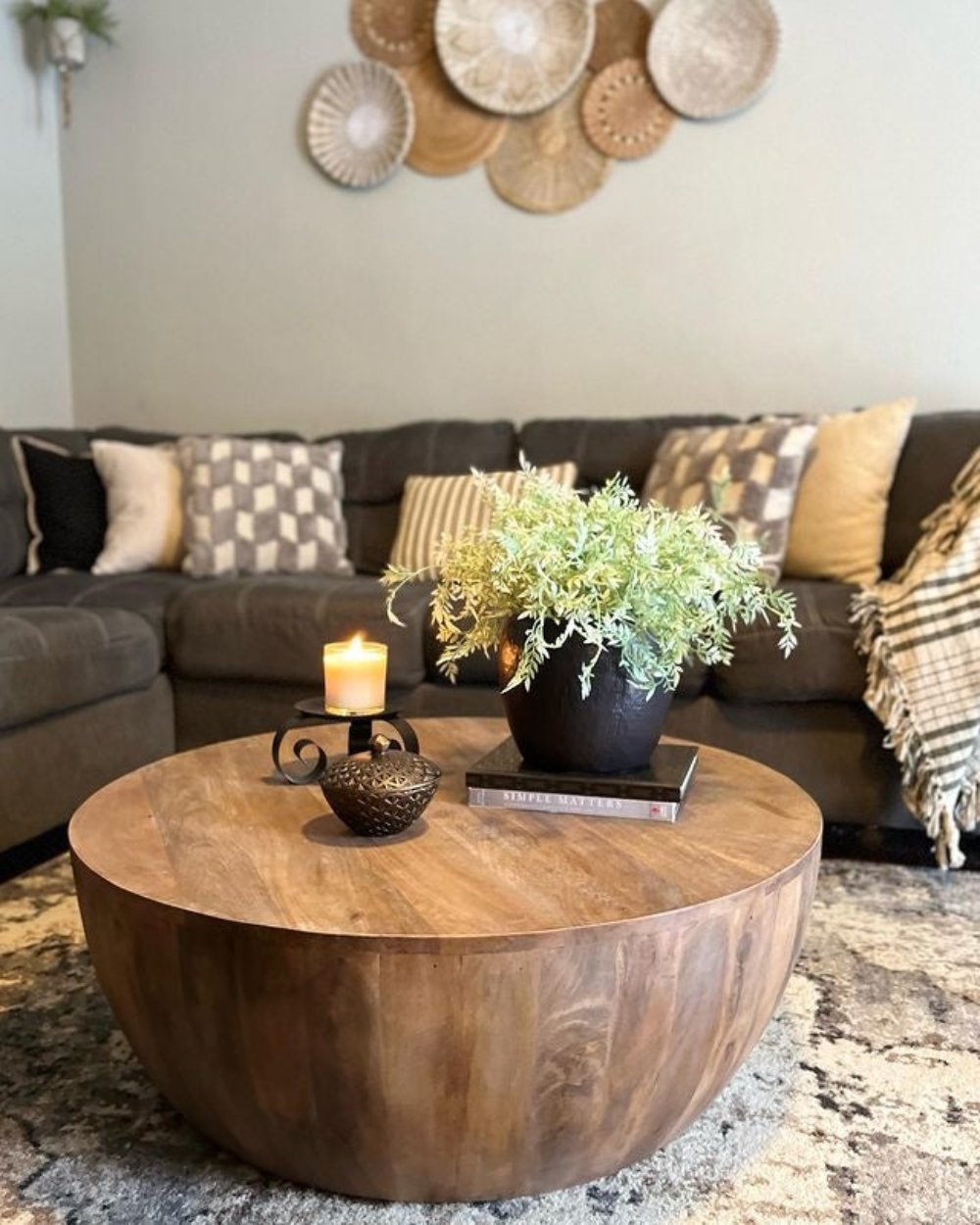 Drum Shape Wooden Coffee Table with Plank Design Base Distressed Brown By The Urban Port UPT-32182