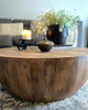 Drum Shape Wooden Coffee Table with Plank Design Base Distressed Brown By The Urban Port UPT-32182