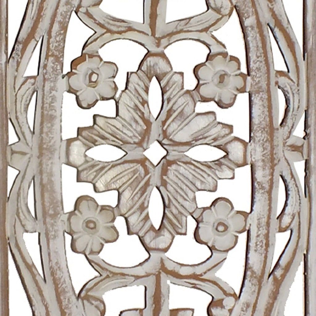 Rectangular Mango Wood Wall Panel Hand Crafted With Intricate Carving White and Brown The Urban Port 34130