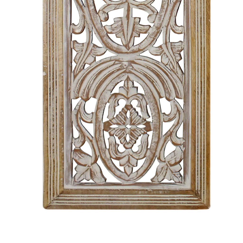 Rectangular Mango Wood Wall Panel Hand Crafted With Intricate Carving White and Brown The Urban Port 34130