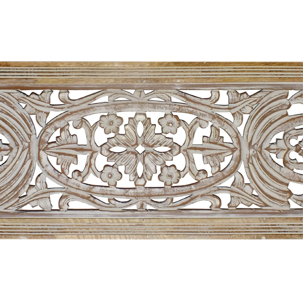 Rectangular Mango Wood Wall Panel Hand Crafted With Intricate Carving White and Brown The Urban Port 34130