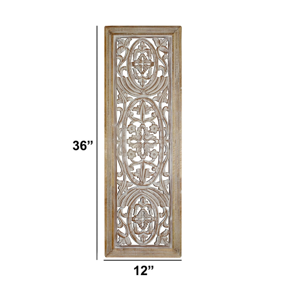 Rectangular Mango Wood Wall Panel Hand Crafted With Intricate Carving White and Brown The Urban Port 34130