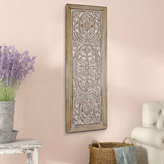 Rectangular Mango Wood Wall Panel Hand Crafted With Intricate Carving, White and Brown The Urban Port