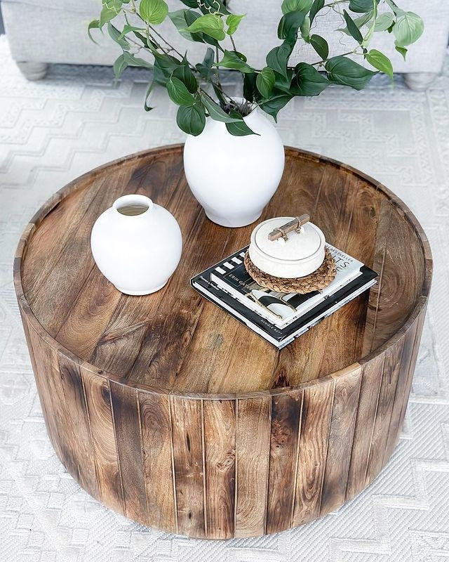 34 Inch Plank Style Round Mango Wood Coffee Table Handmade Dark Brown By The Urban Port UPT-204785