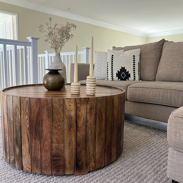 34 Inch Plank Style Round Mango Wood Coffee Table Handmade Dark Brown By The Urban Port UPT-204785