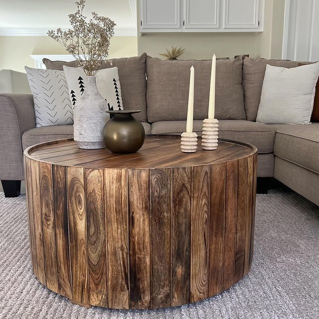 34 Inch Plank Style Round Mango Wood Coffee Table Handmade Dark Brown By The Urban Port UPT-204785