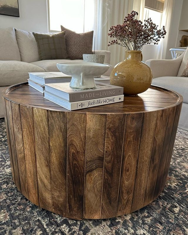 34 Inch Plank Style Round Mango Wood Coffee Table, Handmade, Dark Brown By The Urban Port