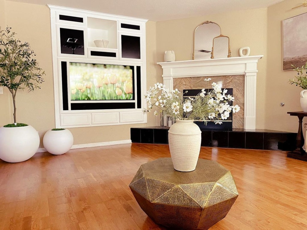 36 Inch Diamond Shape Drum Coffee Table, Octagon Top, Faceted Textured Sides, Aluminum, Antique Brass By The Urban Port