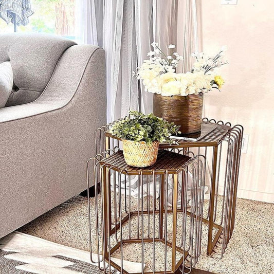 22, 19 Inch 2 Piece Nesting End Side Table Set, Hexagonal Top, Wire Frame, Metal, Antique Brass By The Urban Port