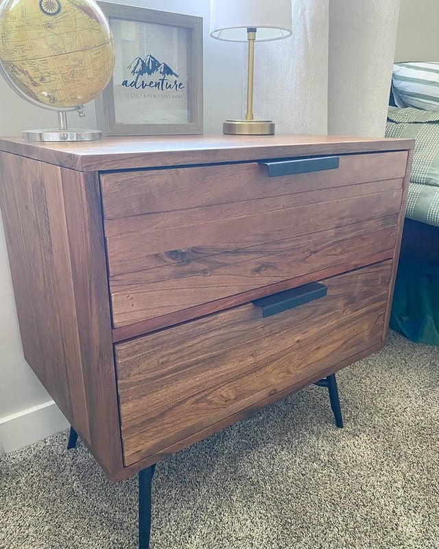 2 Drawer Wooden Nightstand with Metal Angled Legs Black and Brown By The Urban Port UPT-195128