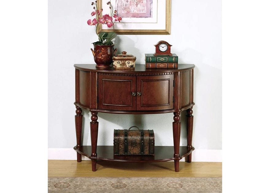 Brown Wooden Console Table With Curved Front & Inlay Shelf