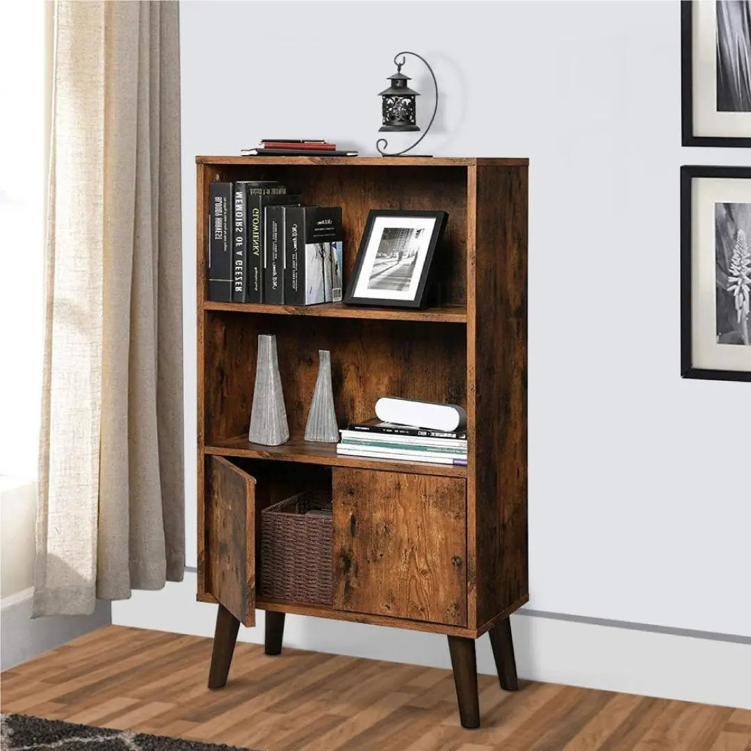 2 Tier Wooden Bookshelf with Storage Cabinet and Angled Legs