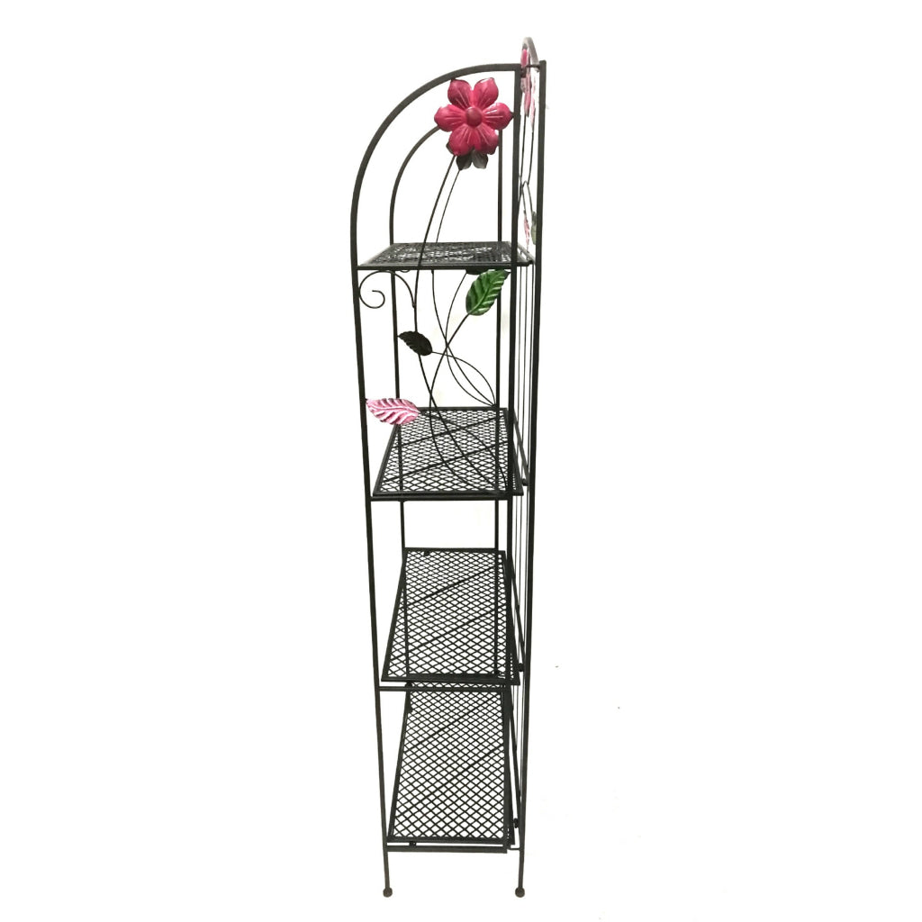 65 Inch Metal Foldable Bakers Rack Four Tier with Flower Motifs Black The Urban Port BM05340