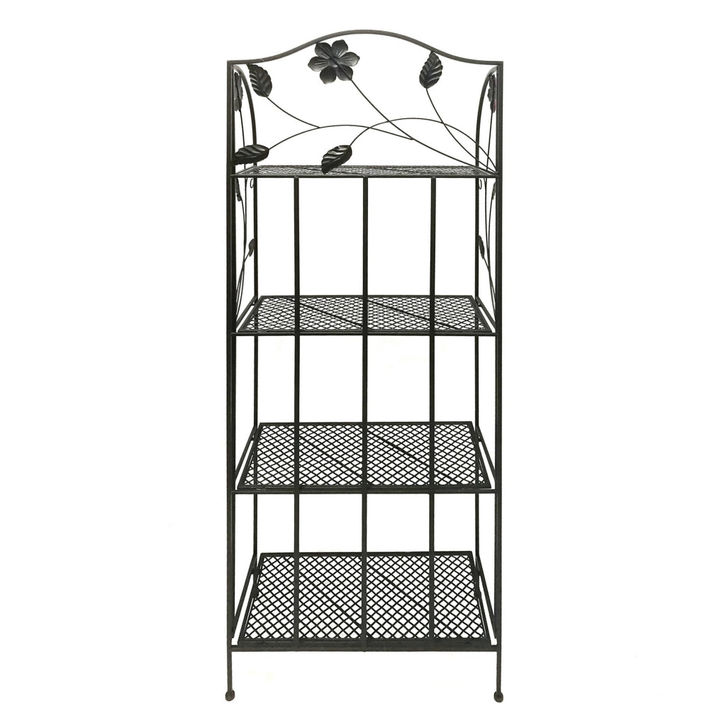 65 Inch Metal Foldable Bakers Rack Four Tier with Flower Motifs Black The Urban Port BM05340