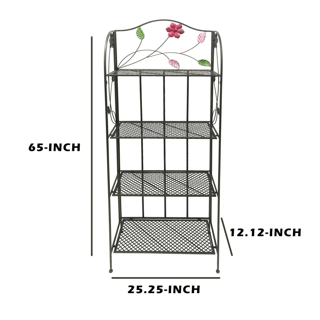 65 Inch Metal Foldable Bakers Rack Four Tier with Flower Motifs Black The Urban Port BM05340