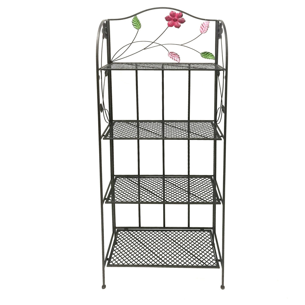 65 Inch Metal Foldable Bakers Rack Four Tier with Flower Motifs Black The Urban Port BM05340