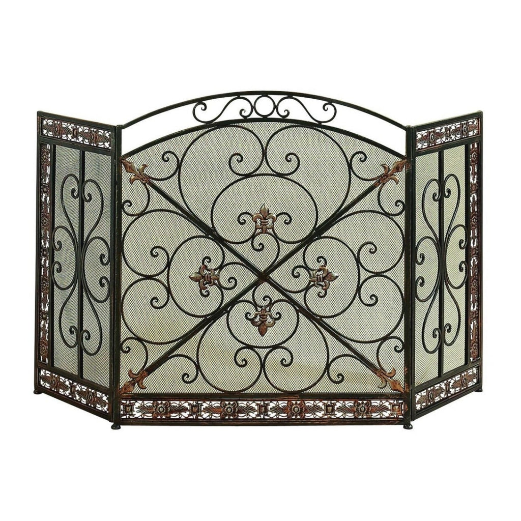 Traditional 3 Panel Metal Fire Screen With Filigree Design Bronze Black The Urban Port 71822