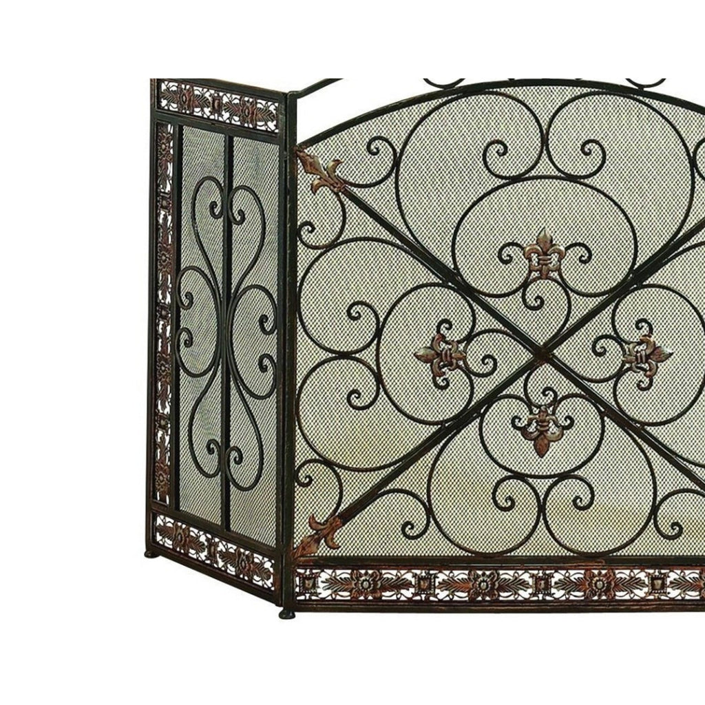 Traditional 3 Panel Metal Fire Screen With Filigree Design Bronze Black The Urban Port BM06168