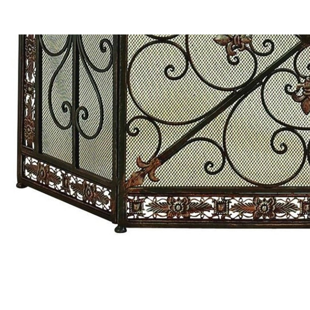 Traditional 3 Panel Metal Fire Screen With Filigree Design Bronze Black The Urban Port BM06168