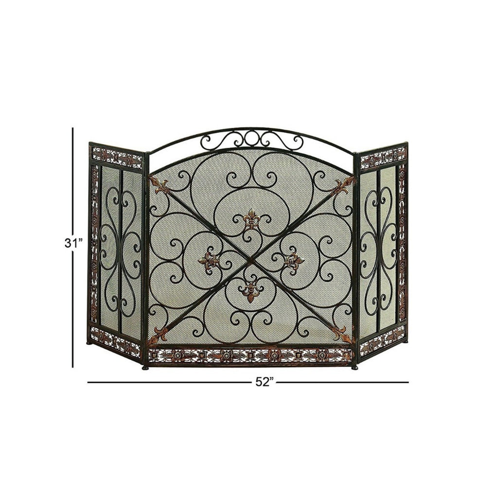 Traditional 3 Panel Metal Fire Screen With Filigree Design Bronze Black The Urban Port BM06168