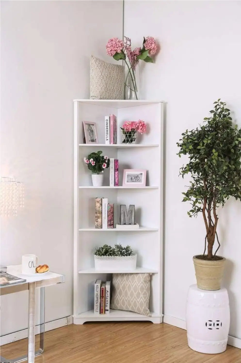 Contemporary Style Solid Wood Five Shelves Corner Bookshelf